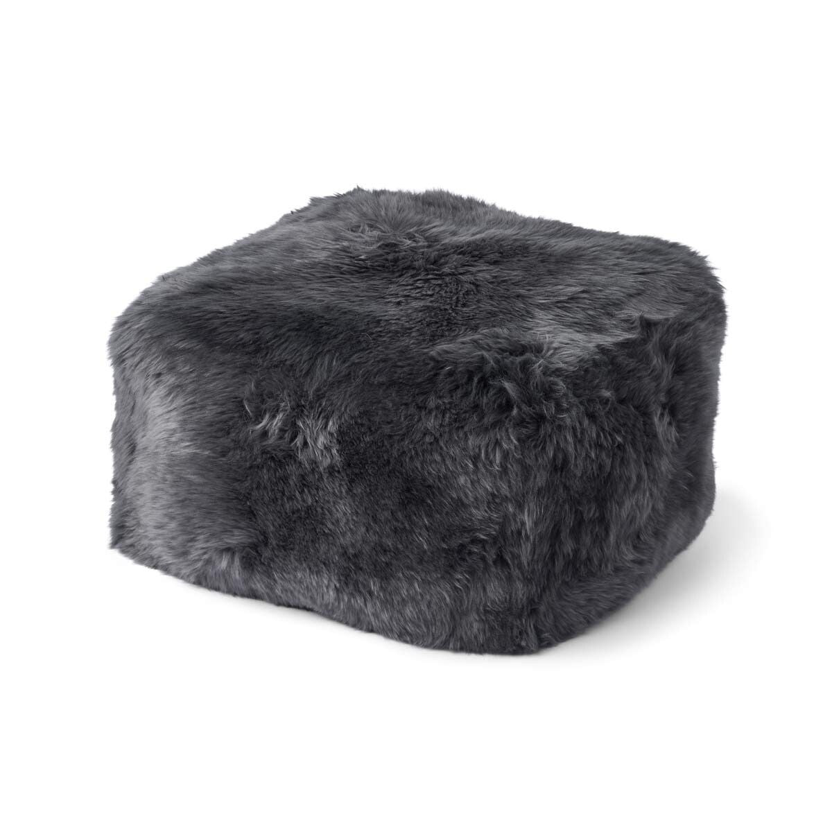 Firkantet puf | Langhåret | New Zealand | Læderbagside Stålgrå
