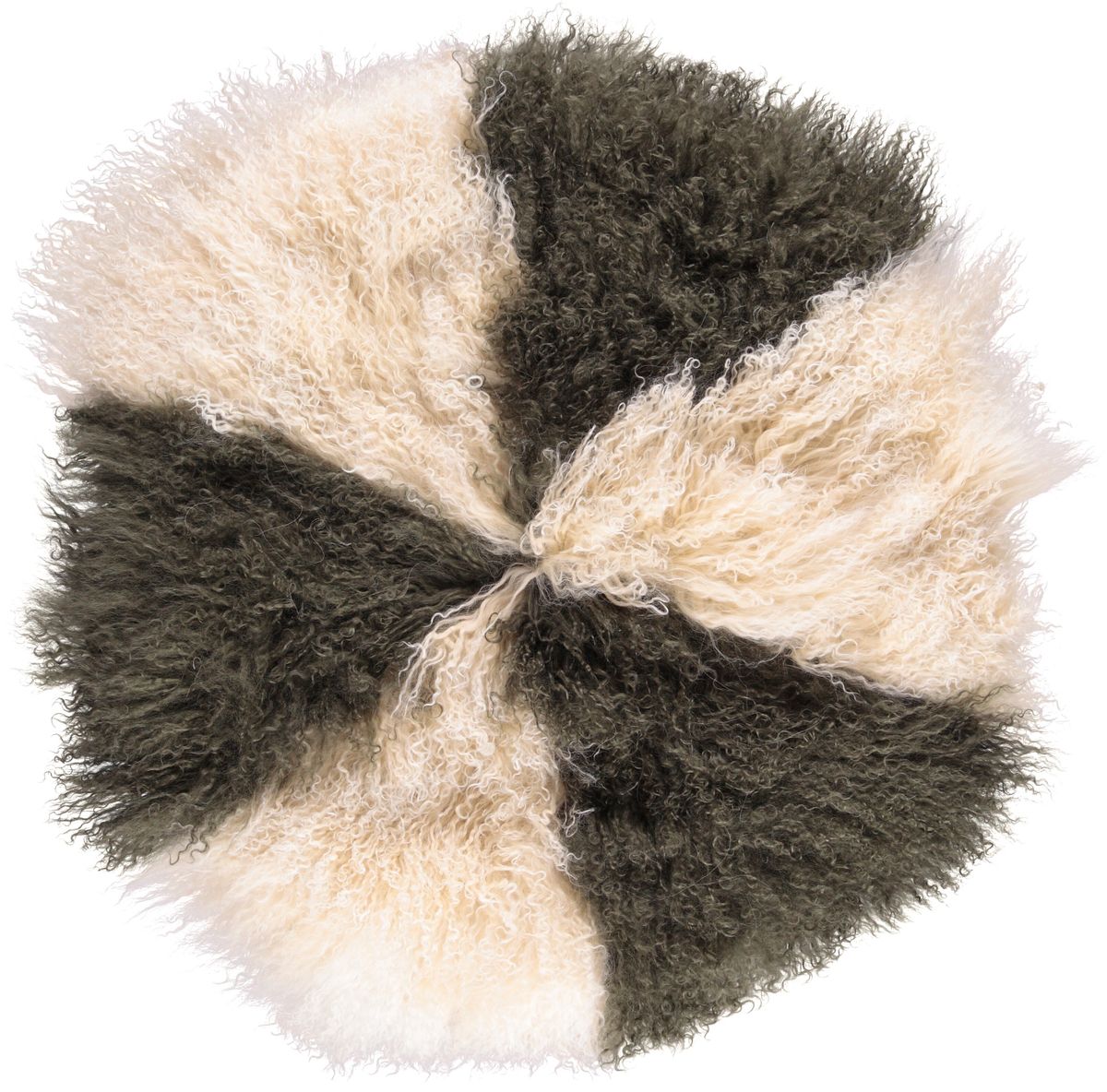 Lammeskindspude | Krøllet | Tibet | Ø45 cm, Ø62 cm & Ø38 cm Gylden Hvid / Mørkegrøn