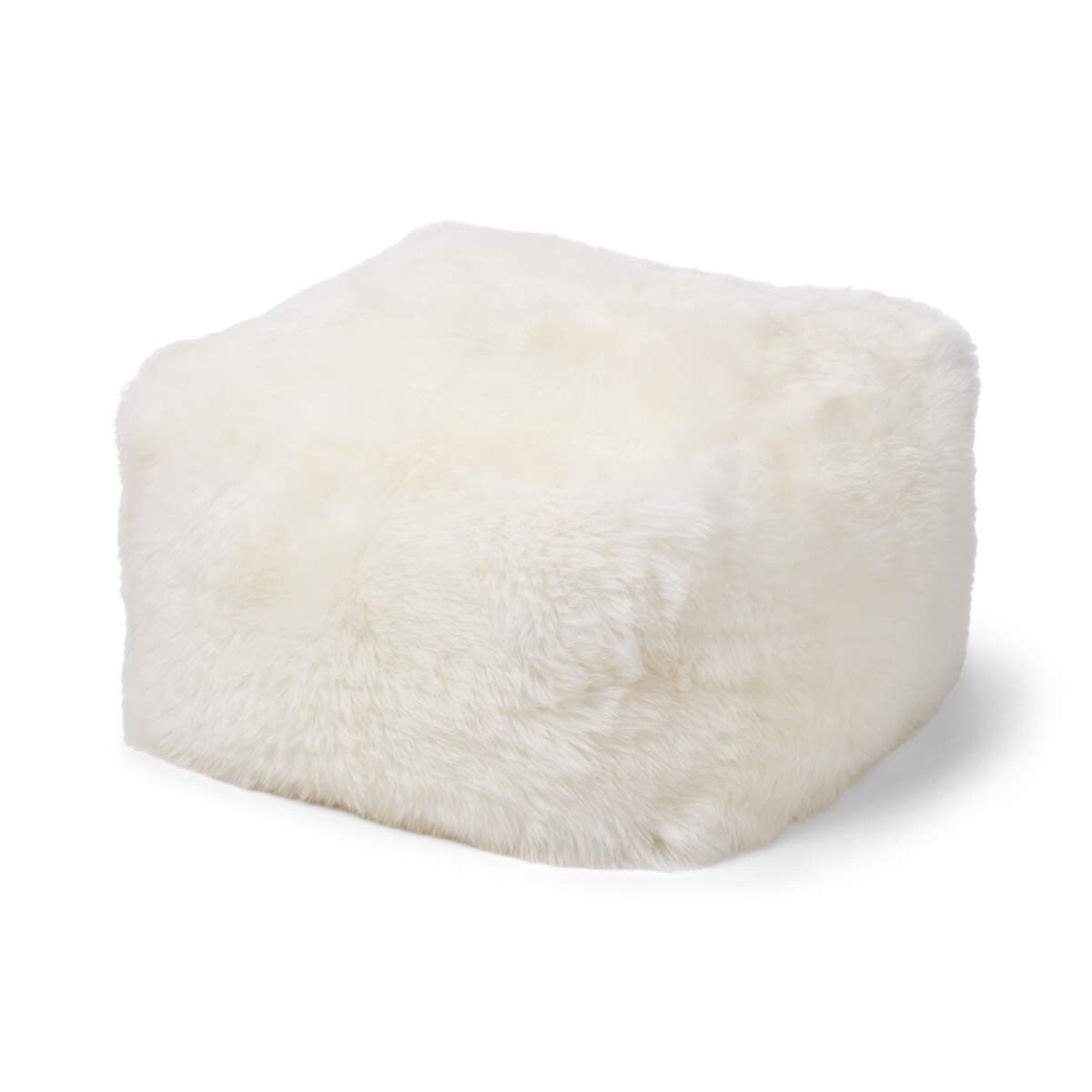 Firkantet puf | Langhåret | New Zealand | Læderbagside Hvid