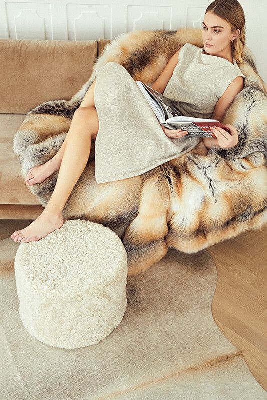 Premium tæppe af ræv | Bagside af kashmir | Light Gold | 150x150 cm Lys Guld