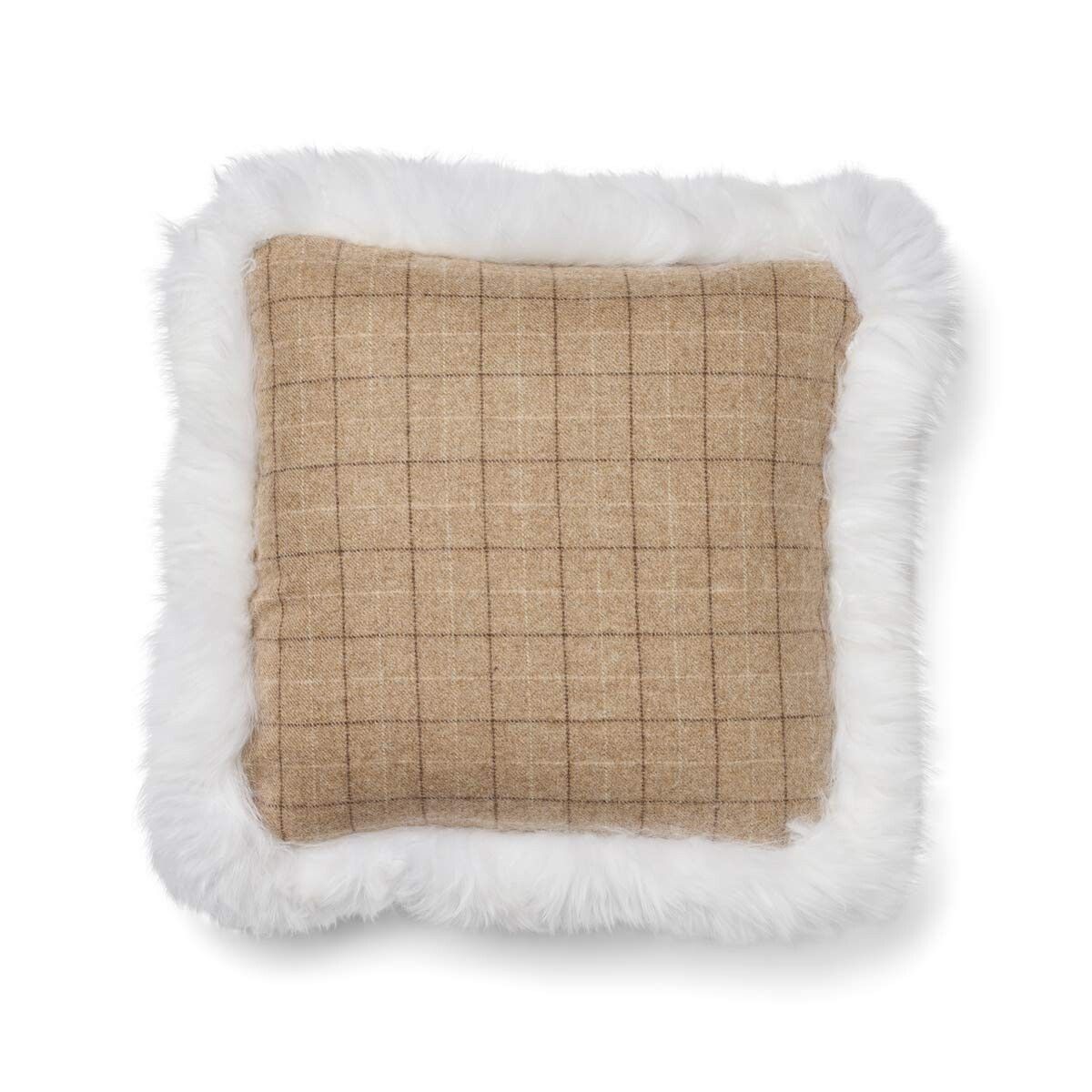 Checked Collection | Uldpude | Langhåret | Dobbeltsidet | 52x52 cm Tern / Beige / Hvid