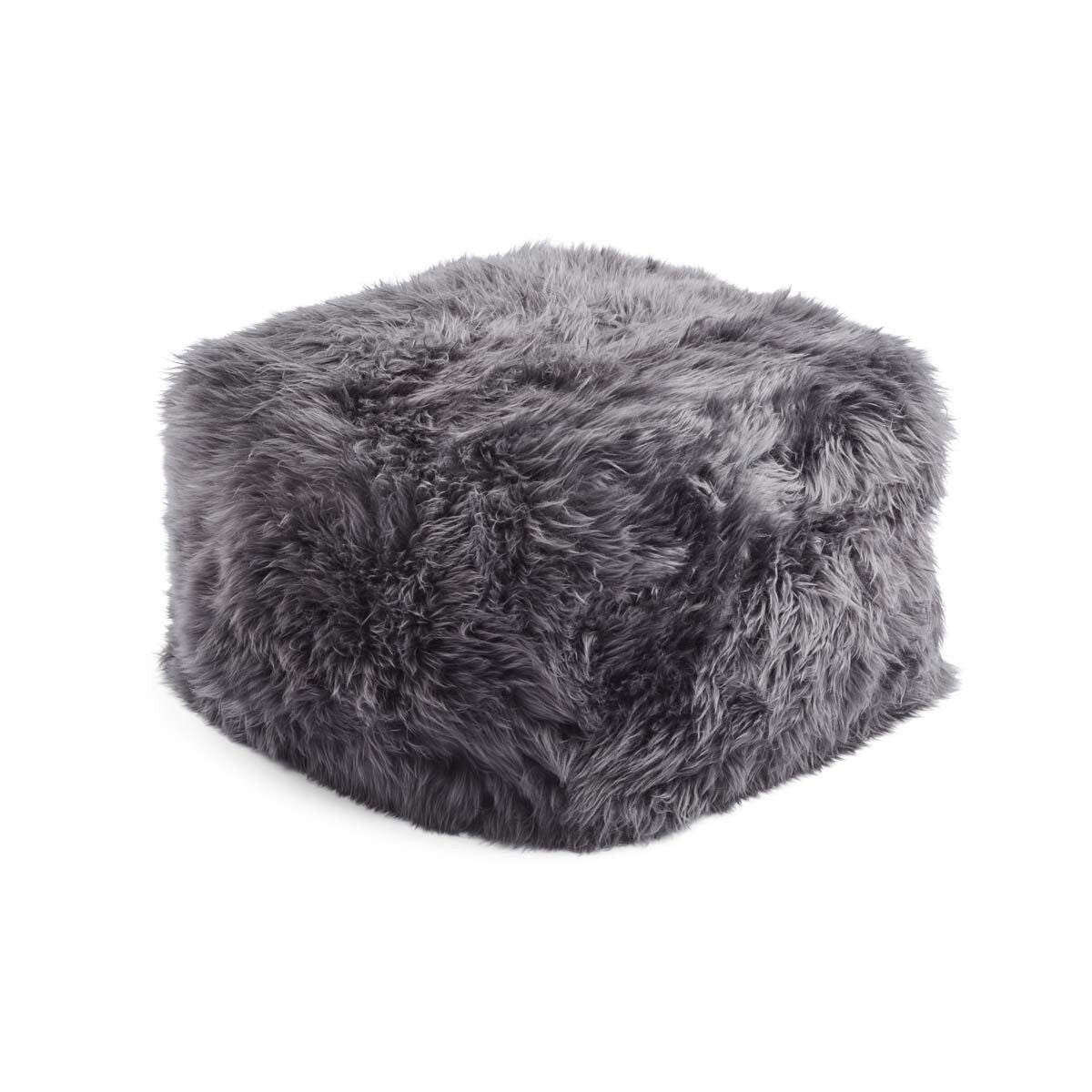Firkantet puf | Langhåret | New Zealand | Læderbagside Stålgrå