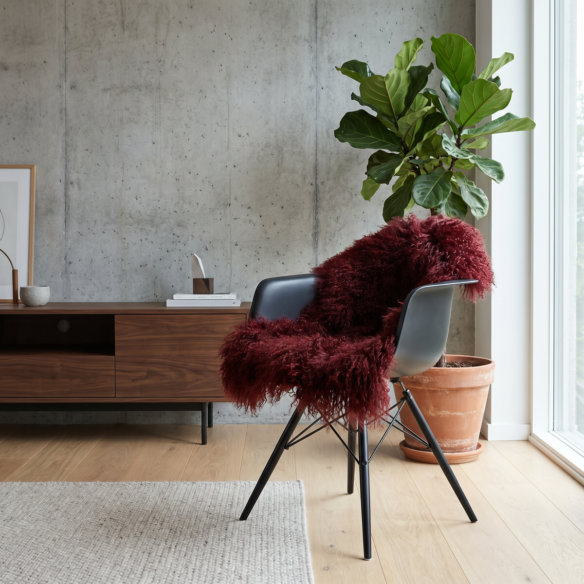 Lammeskind | Krøllet | Tibet | 85x50 cm Bordeaux
